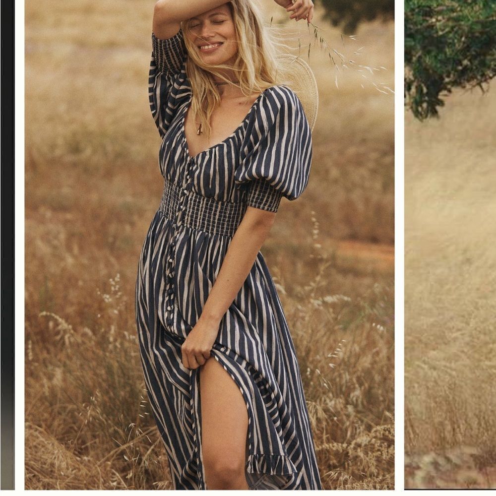 Anthropologie Long-Sleeve Sweetheart maxi Dress in BLUE MOTIF size XS NWT